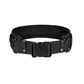 Black wide waist belt with central buckle and side mounting loops, flat front view