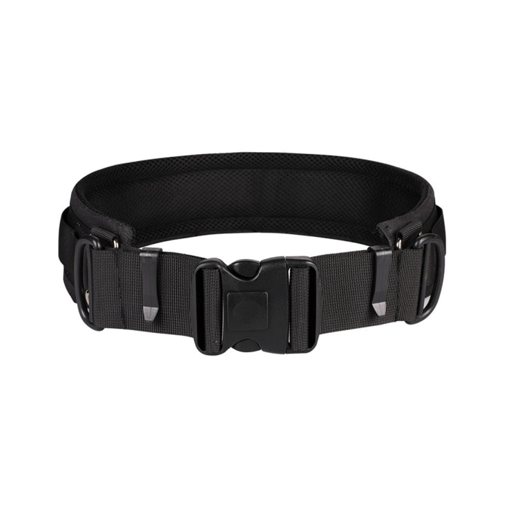 Black wide waist belt with central buckle and side mounting loops, flat front view