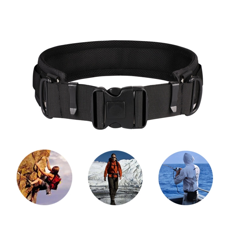 Black wide waist belt with central buckle and webbing straps, close-up front view