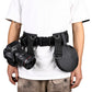 Black waist belt worn with DSLR camera and lens, includes front strap-mounted pouch