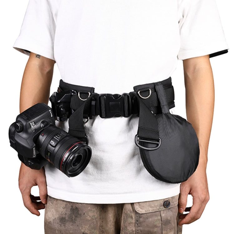 Black waist belt worn with DSLR camera and lens, includes front strap-mounted pouch