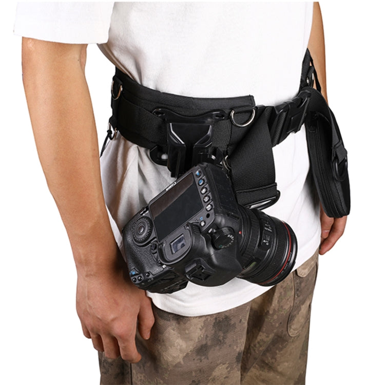 Black wide waist belt with camera and accessories mounted on front, adjustable webbing