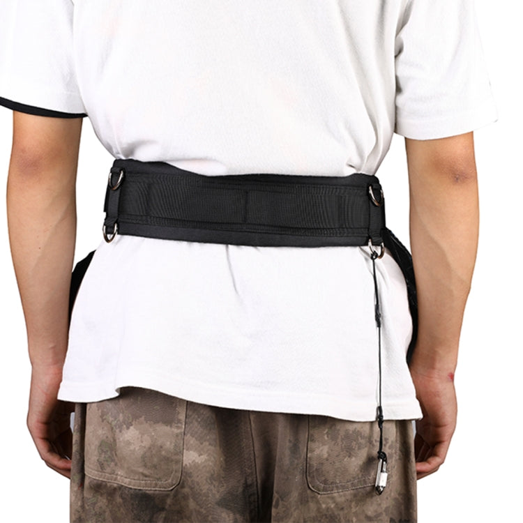 Black wide waist belt with side grommets and adjustable strap, includes hanging tether