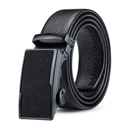 Black leather business belt with automatic metal buckle and double-edge wrap