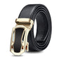 Men's black leather belt with gold-toned automatic buckle and double-layer strap