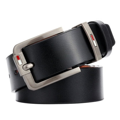 Men’s black leather belt with antique silver pin buckle and single prong closure