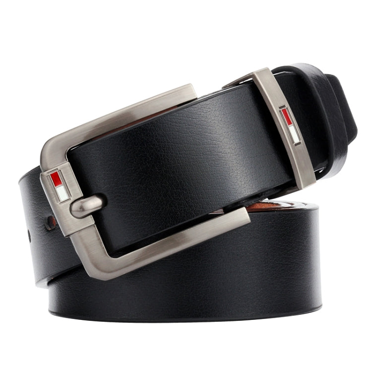Men’s black leather belt with rectangular antique silver pin buckle and adjustable holes