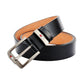 Men’s dark brown leather belt with antique silver pin buckle and tan underside