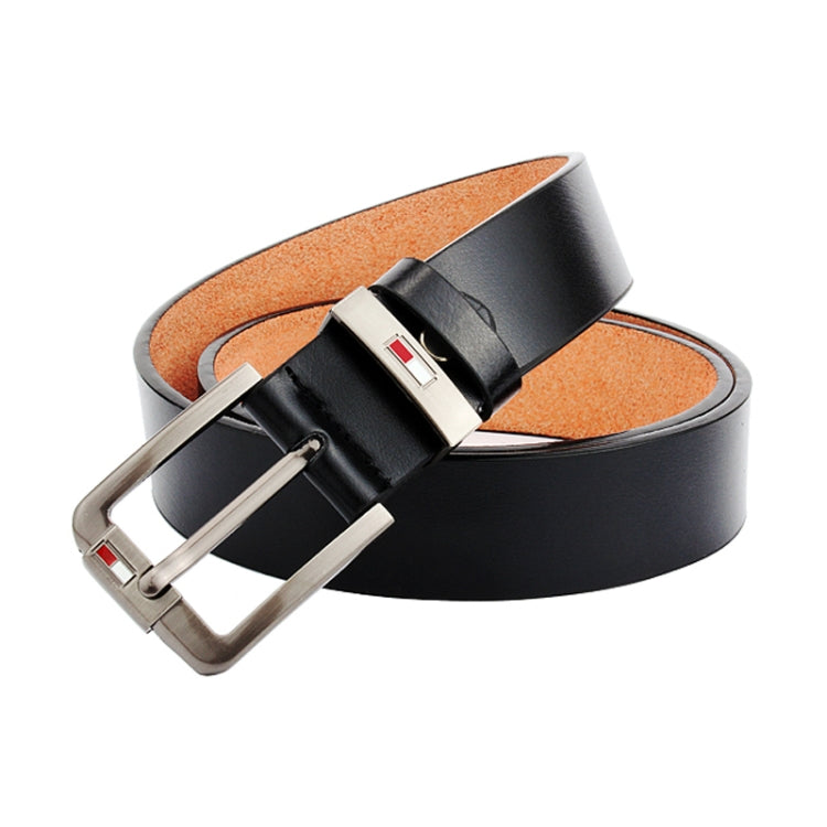Men’s dark brown leather belt with antique silver pin buckle and tan underside