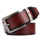 Men’s red-brown leather belt with antique silver pin buckle and adjustable prong closure