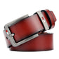 Men’s red-brown leather belt with antique silver pin buckle, single prong fastening