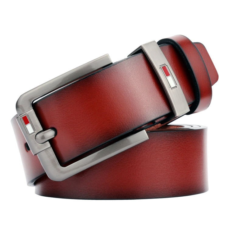 Men’s red-brown leather belt with antique silver pin buckle, single prong fastening