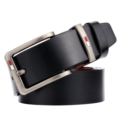 Men's black leather belt with silver pin buckle and red inlay detail