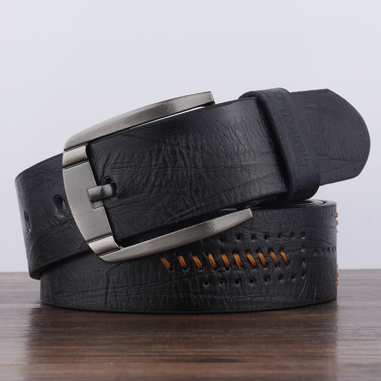 Dandali XX818 men's retro leather belt in black with silver-tone buckle and stitched detail