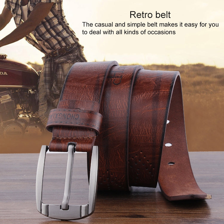 Dandali XX818 men's retro leather belt in brown with silver-tone buckle and perforations