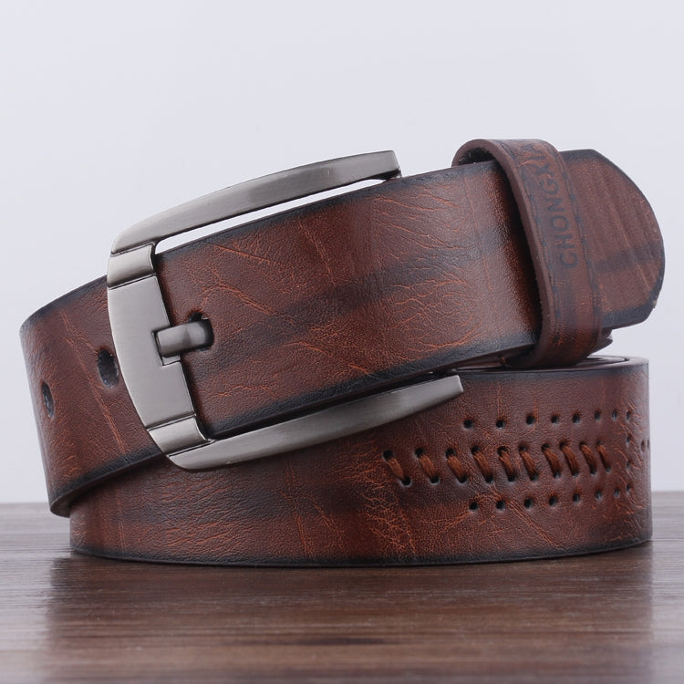 Dandali XX818 men's brown retro leather belt with silver buckle and perforated stitching