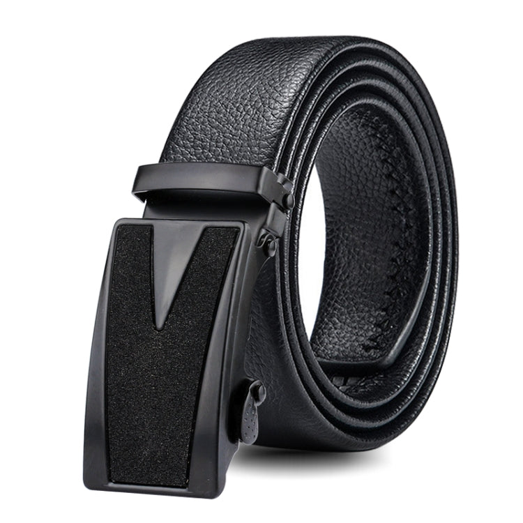 Men's black leather automatic buckle belt with double-edge wrap