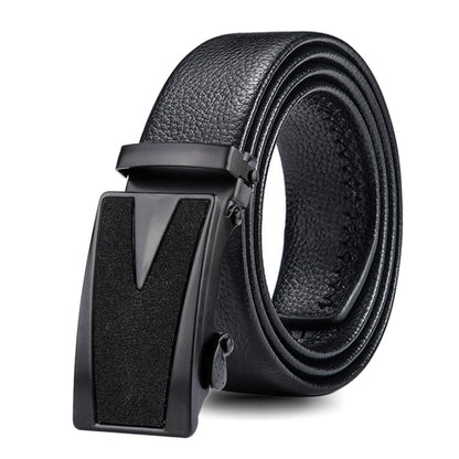 Men's black leather automatic buckle belt with double-edge wrap