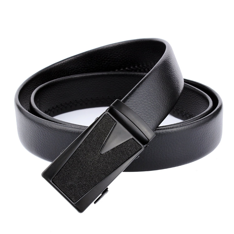 Men's black leather belt with triangular buckle and single keeper loop