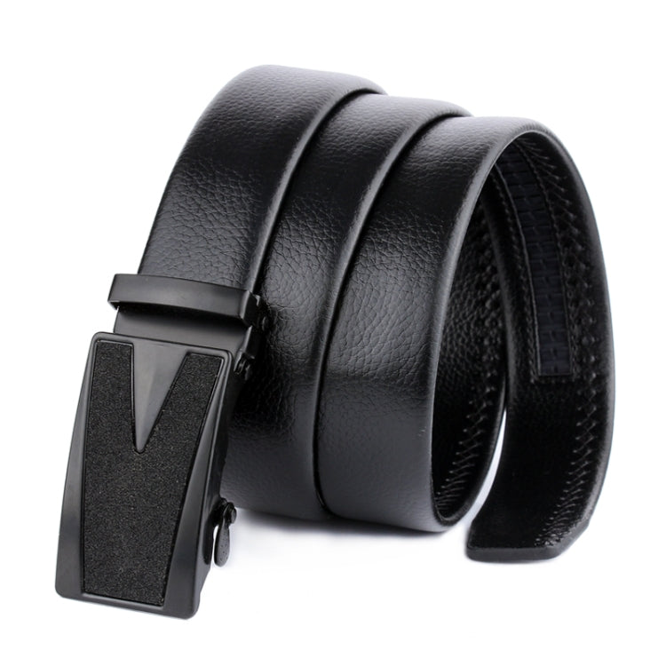Men's black leather belt with automatic buckle and layered strap side view