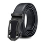 Men's black leather belt with automatic double-row clasp and textured buckle plate
