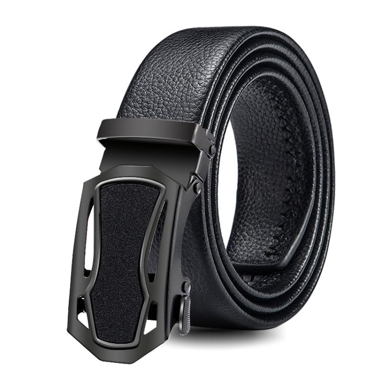 Men's black leather belt with automatic double-row clasp and textured buckle plate