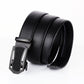 Men's black leather belt showing double wrap layers and rectangular buckle