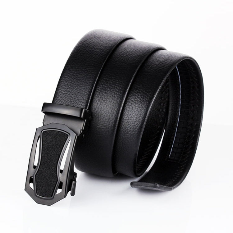 Men's black leather belt showing double wrap layers and rectangular buckle