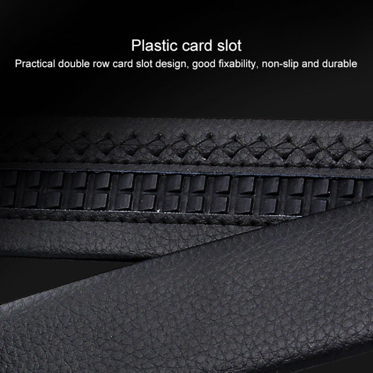 Black leather belt with double-row card slot and textured inner strap