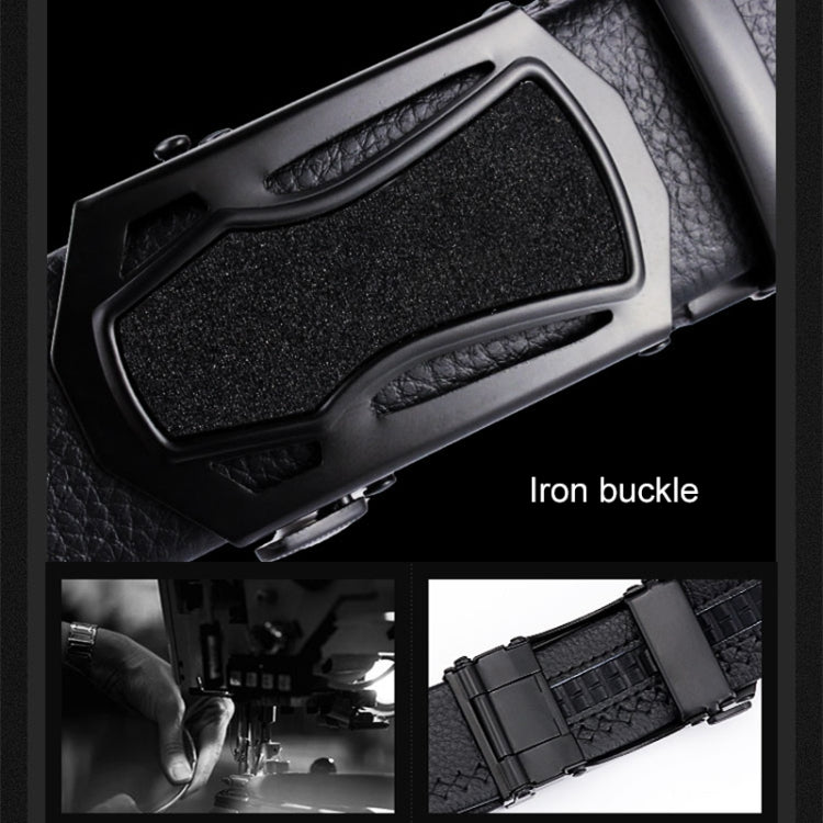 Black leather automatic buckle belt with iron buckle and textured grip leather