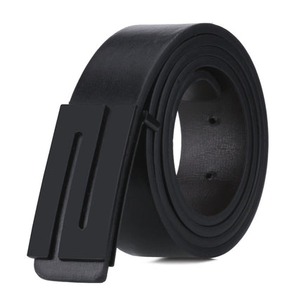 Black leather belt with rectangular buckle and five-hole strap