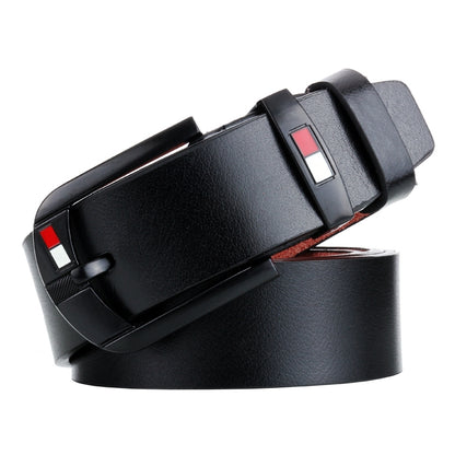 Men's black leather belt with pin buckle and red accent frame