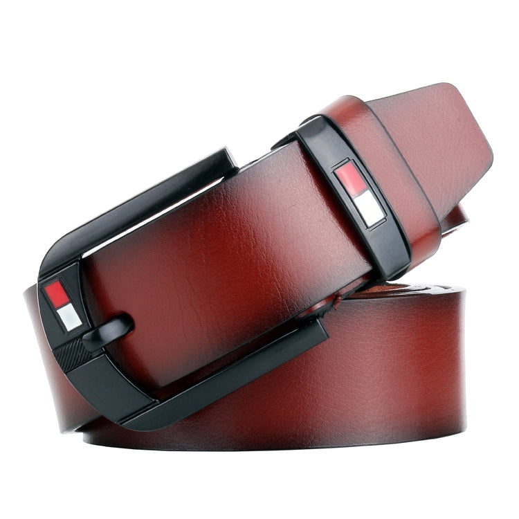 Men's dark brown leather belt with pin buckle and red accent frame