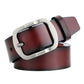 Men's leather belt with antique pin buckle, deep brown-red strap and silver buckle frame