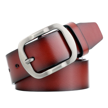 Men's leather belt with antique pin buckle, dark brown/red strap and silver buckle plate