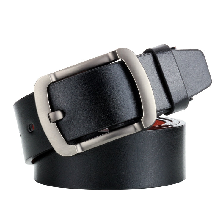 Men's black leather belt with silver pin buckle and punched holes