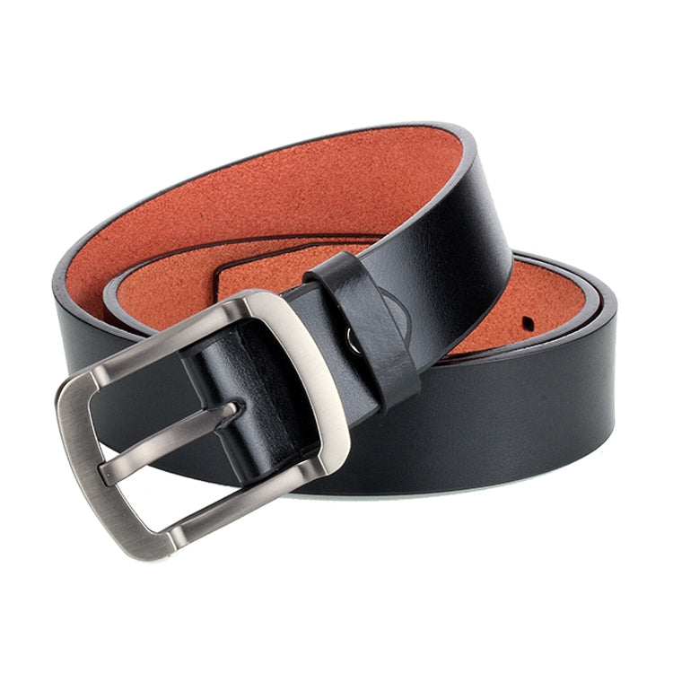 Men's brown leather belt with silver pin buckle and tan inner lining