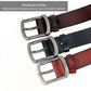 Pin-buckle leather belts shown with black, dark brown, and red straps