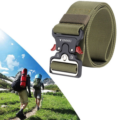 Army green nylon training belt with metal buckle and adjustable webbing strap