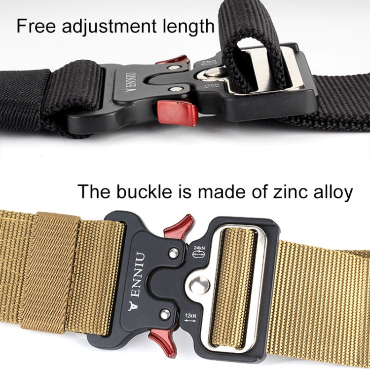 Adjustable black-and-tan nylon belts with metal buckles and red release tabs