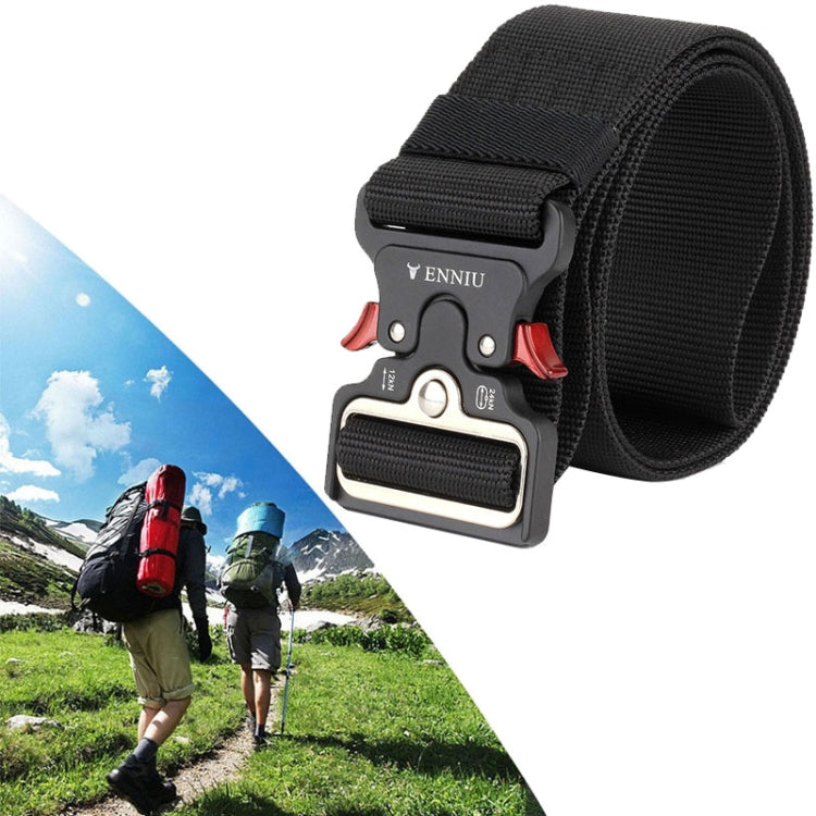 Black nylon training belt with metal buckle and adjustable webbing strap