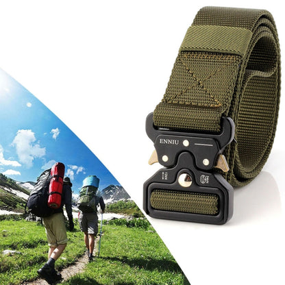 Army green woven nylon belt with black multi-hole buckle and adjustable strap