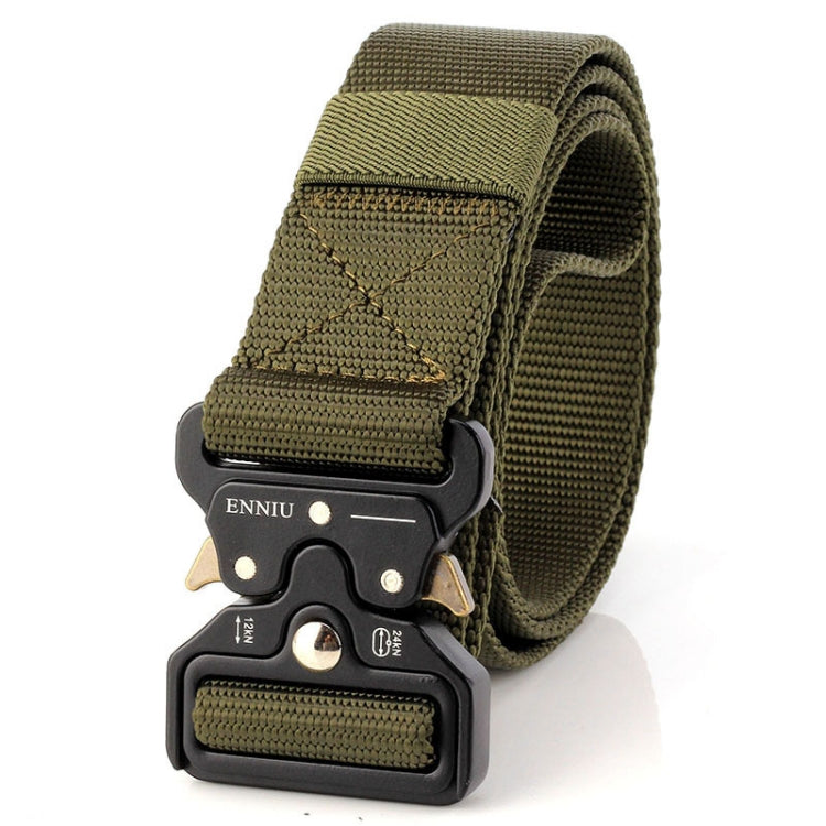 Army green woven nylon belt with textured buckle and adjustable strap