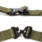 Olive nylon belt with black multi-function buckle and metal prongs, close-up