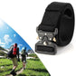Black woven nylon belt with black multi-function buckle and adjustable strap
