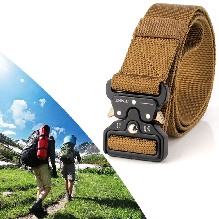 Brown woven nylon belt with black multi-function buckle and adjustable strap
