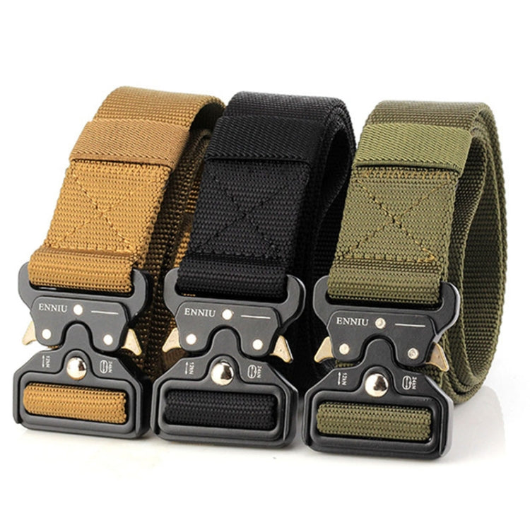 Three woven nylon belts in tan, black, and olive with matching multi-function buckles