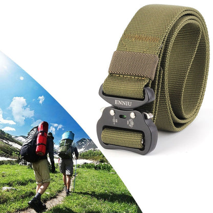 Army green nylon belt with adjustable aviation aluminum buckle and woven strap keeper