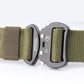 Olive green nylon belt with metal multifunction buckle, holes and pin details