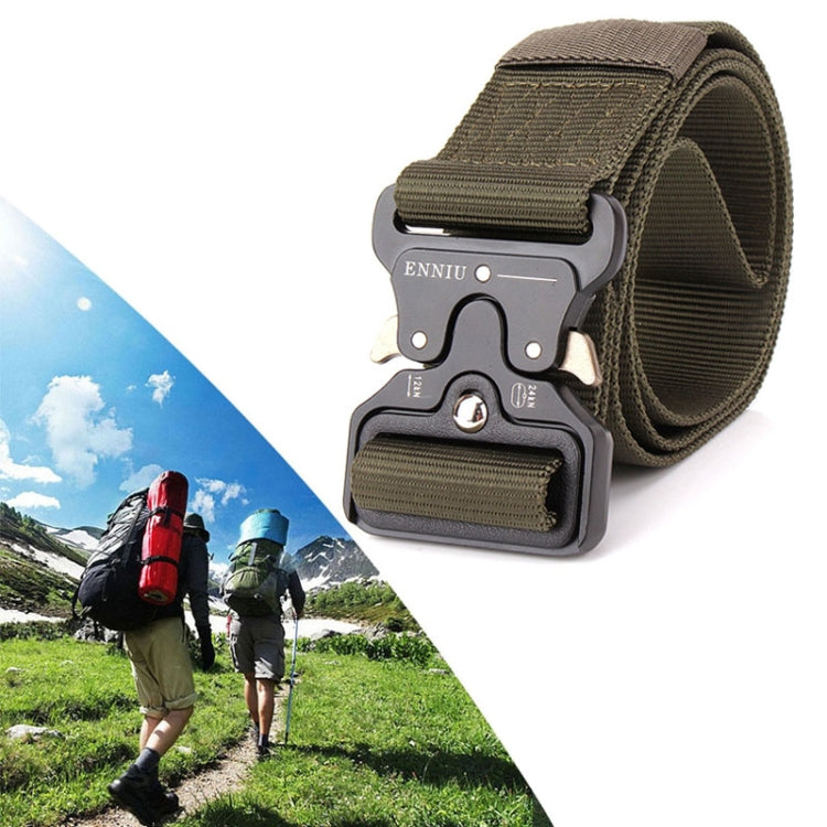 Outdoor tactical nylon belt with army green webbing and black quick-release buckle